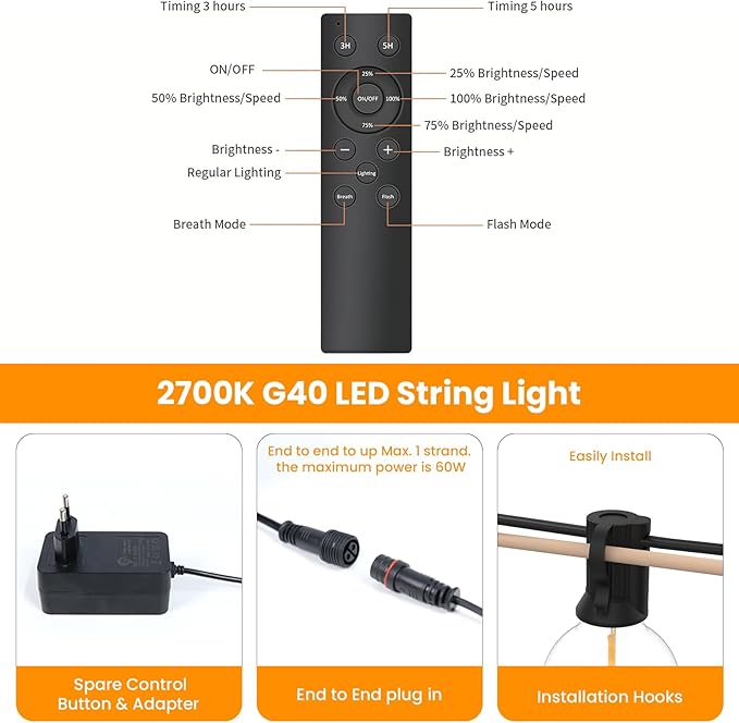 Outdoor Festoon String Lights with Remote G40 
