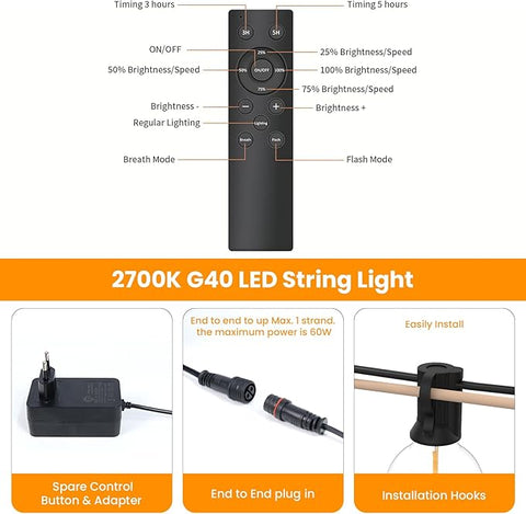 Outdoor Festoon String Lights with Remote G40 
