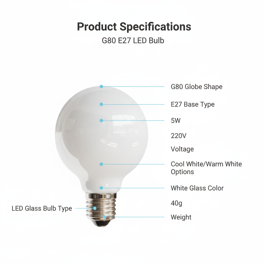 G80 E27 LED bulb with specifications on a white background