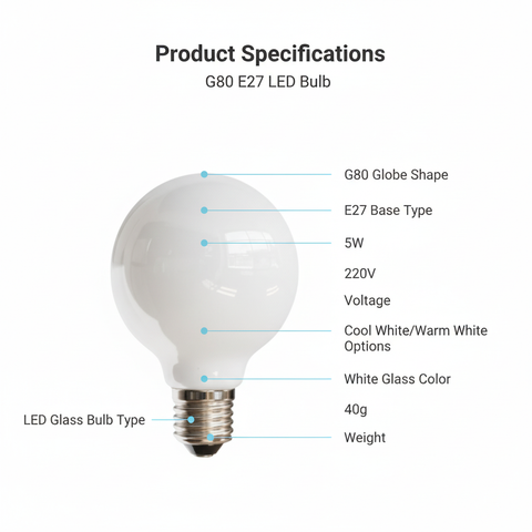 G80 E27 LED bulb with specifications on a white background