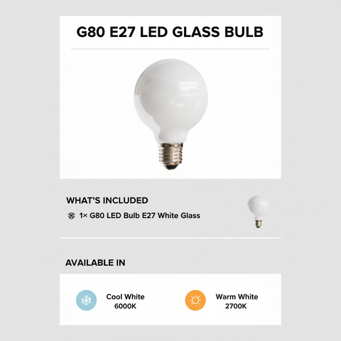 G80 E27 LED glass bulb with color options on a gray background