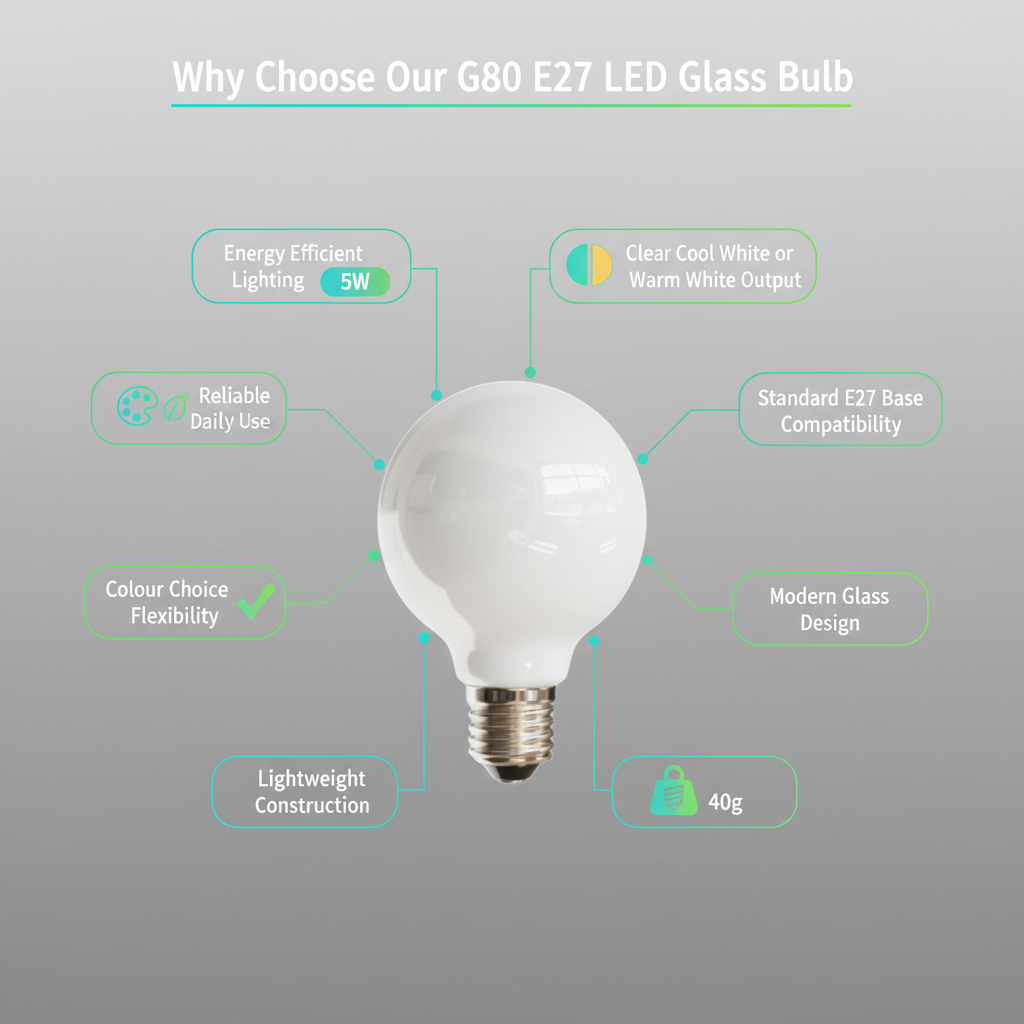 G80 E27 LED glass bulb with features listed on a gray background