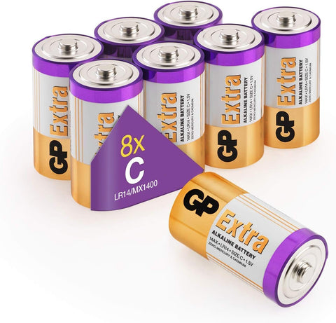 GP Extra batteries with purple caps on a white background