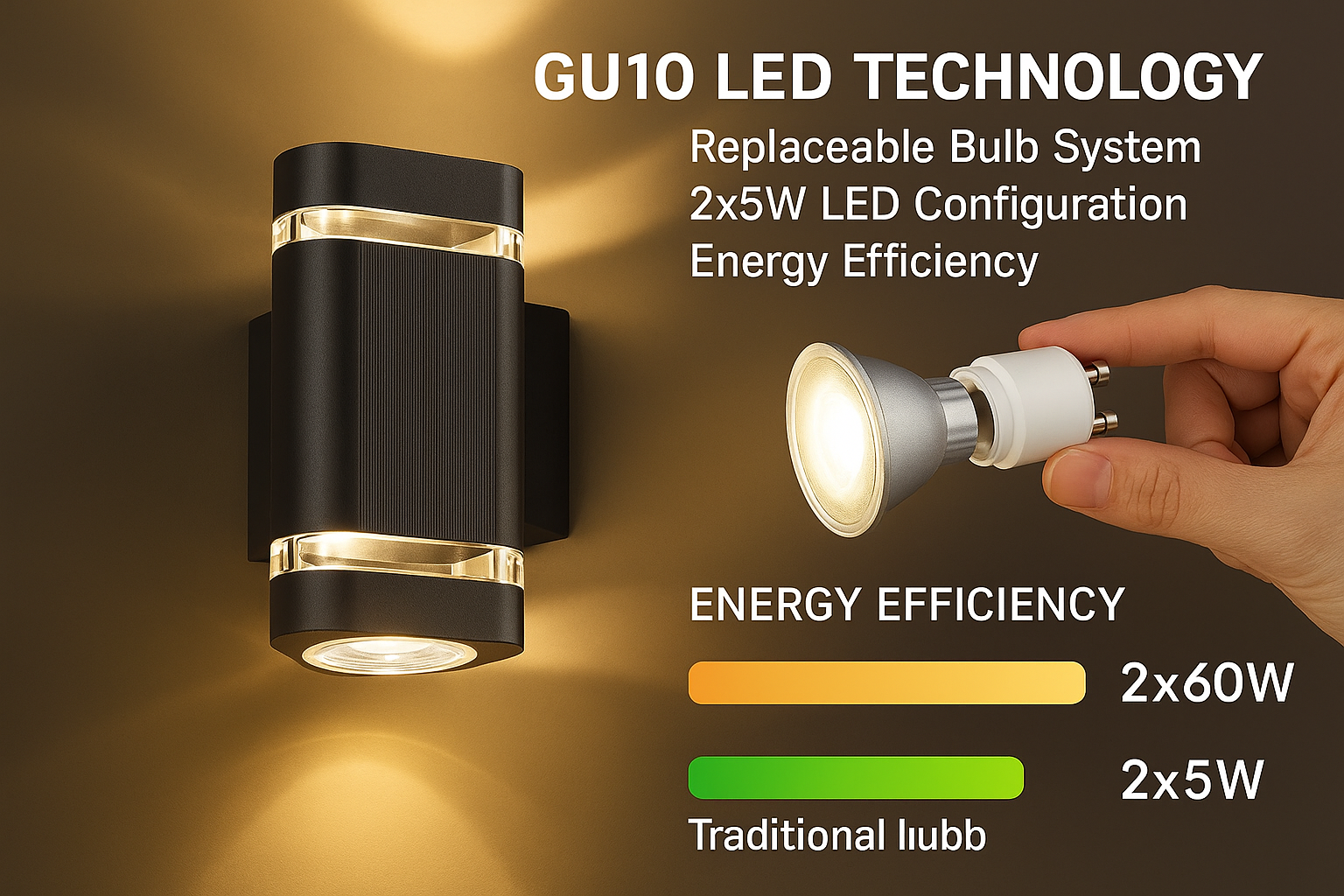 GU10 LED technology light fixture with replaceable bulb system on a brown background