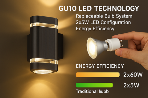 GU10 LED technology light fixture with replaceable bulb system on a brown background