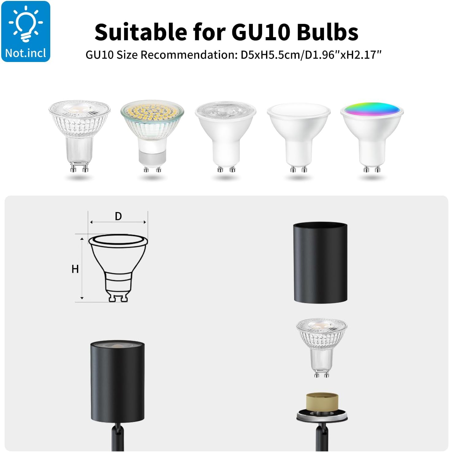 GU10 bulb compatibility chart with dimensions and size recommendation on a white background.