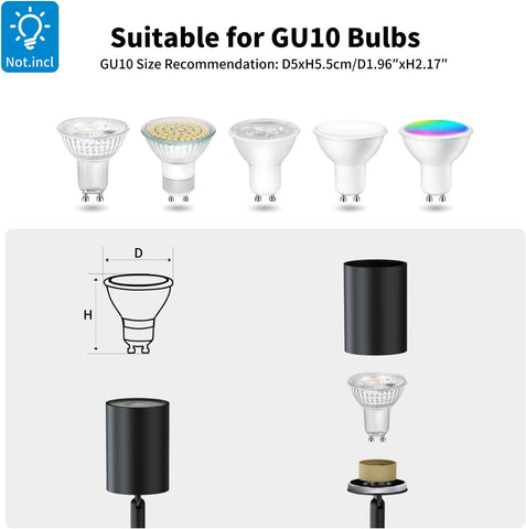 GU10 bulb compatibility chart with dimensions and size recommendation on a white background.