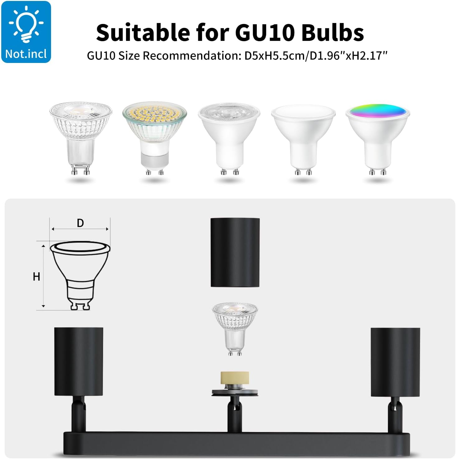 GU10 bulb compatibility chart with various light bulbs and dimensions on a white background.