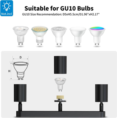 GU10 bulb compatibility chart with various light bulbs and dimensions on a white background.