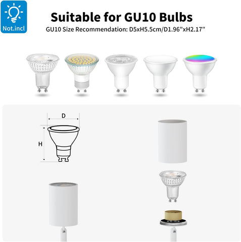 GU10 bulb compatibility chart with various light effects and dimensions.
