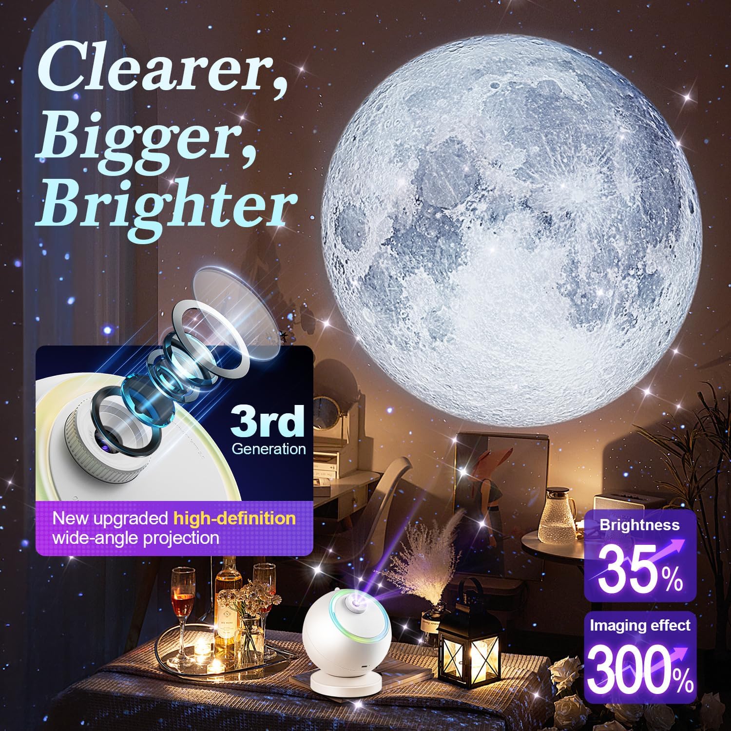 Galaxy Projector, 6 HD Films Star Projector Night Light Kids, Portable & Cordless Galaxy Light, 10 Lullabies & Bluetooth Northern Lights Mood Lighting, Planetarium Girf for Girl Women Decor