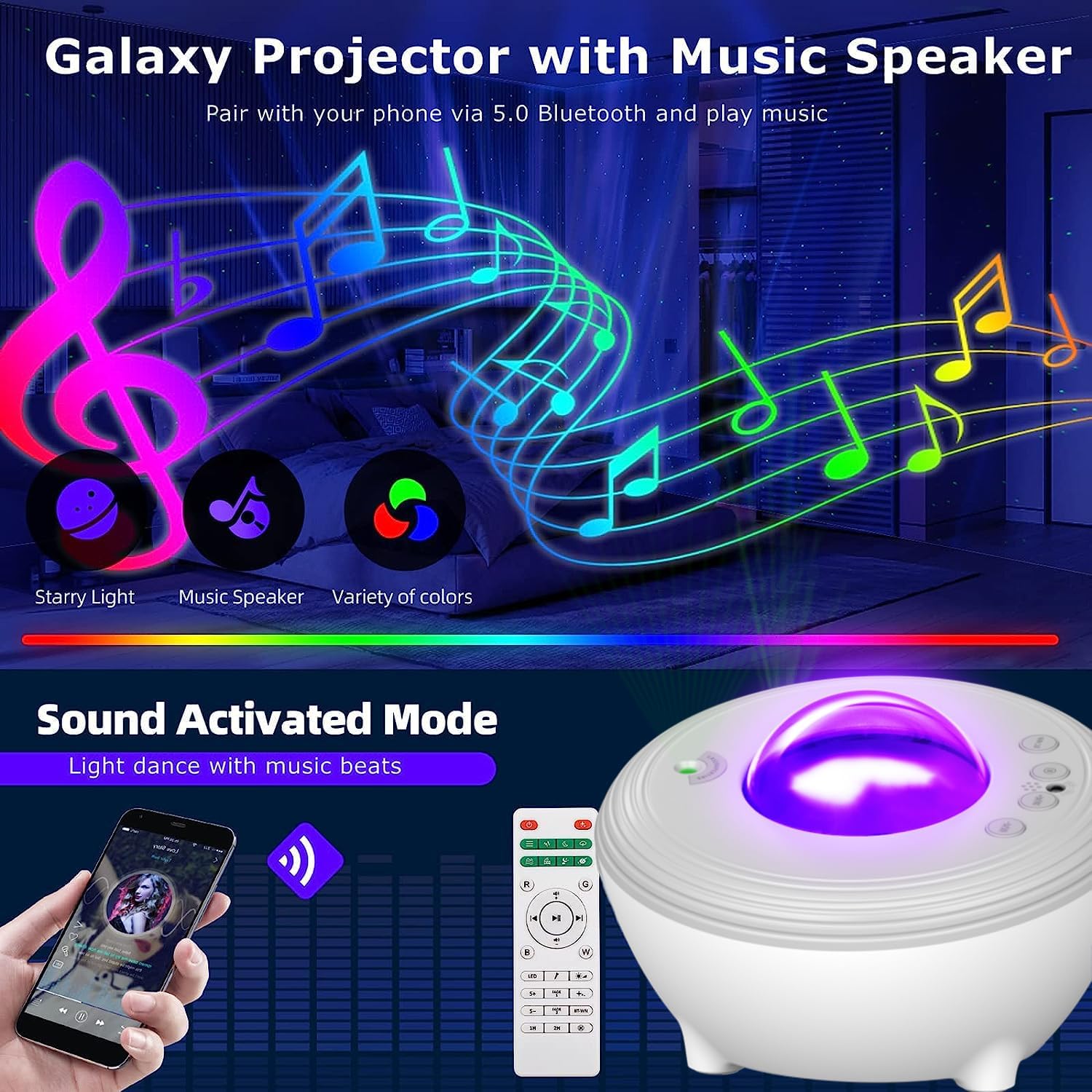 Galaxy projector with music speaker and sound activated mode, featuring colorful musical notes and a smartphone app control.