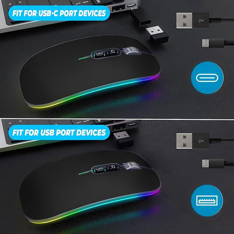 Gaming mouse with RGB lighting on a dark surface, showing compatibility with USB-C and USB ports.