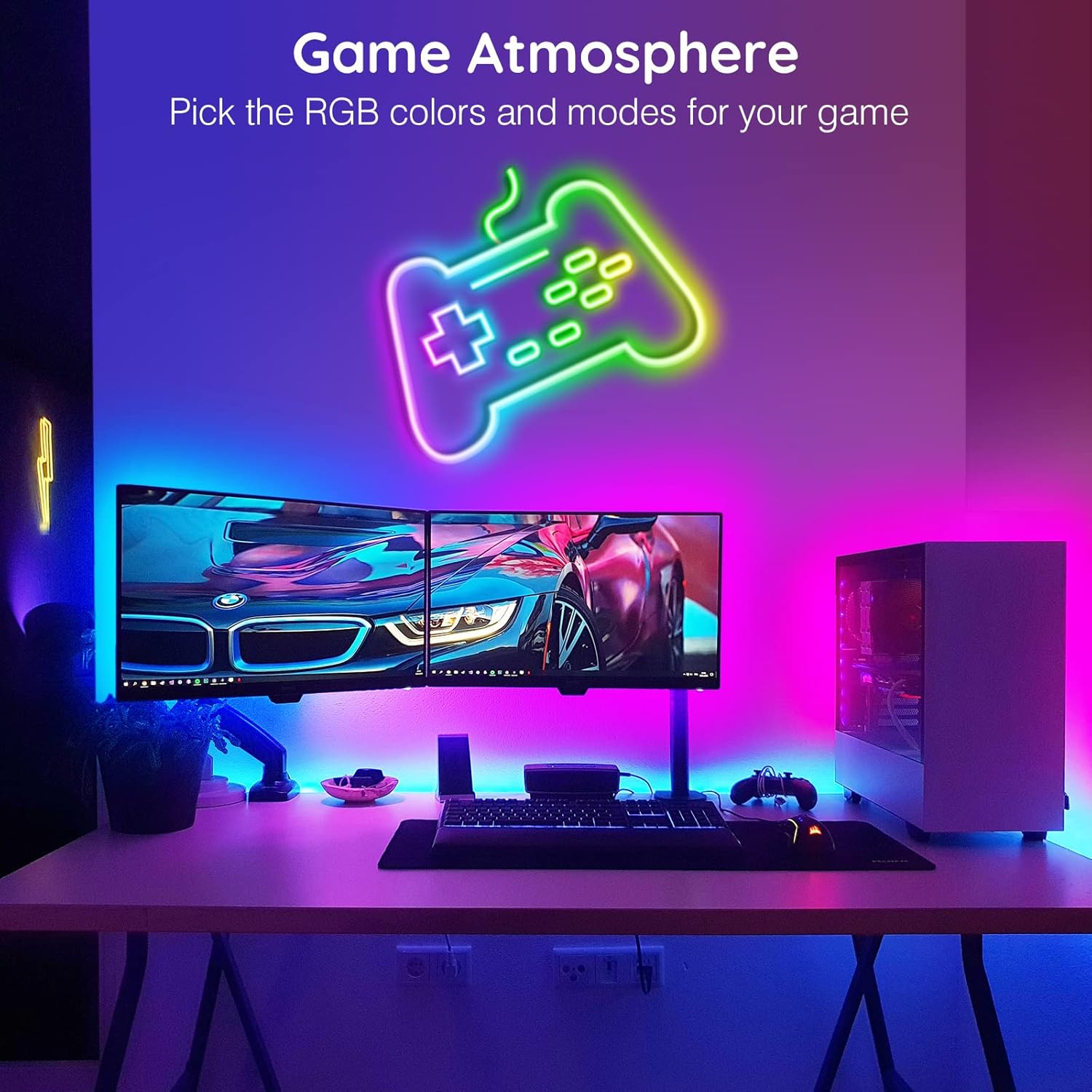 Gaming setup with RGB lighting and a neon controller icon on a screen.
