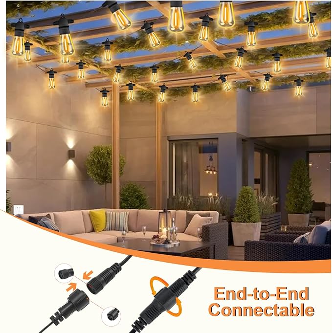 Garden String Festoon Lights - 75FT Outdoor Lights Mains Powered Waterproof IP65, 32+5 0.6W LED Bulbs Warm White 2300k, Shatterproof & Connectable for Pergola Balcony Backyard Patio Party
