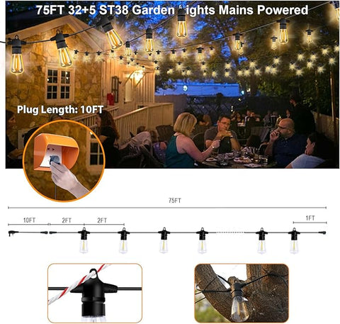 Garden String Festoon Lights - 75FT Outdoor Lights Mains Powered Waterproof IP65, 32+5 0.6W LED Bulbs Warm White 2300k, Shatterproof & Connectable for Pergola Balcony Backyard Patio Party
