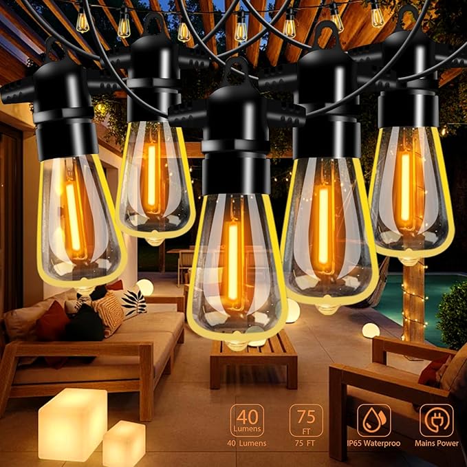 Garden String Festoon Lights - 75FT Outdoor Lights Mains Powered Waterproof IP65, 32+5 0.6W LED Bulbs Warm White 2300k, Shatterproof & Connectable for Pergola Balcony Backyard Patio Party

