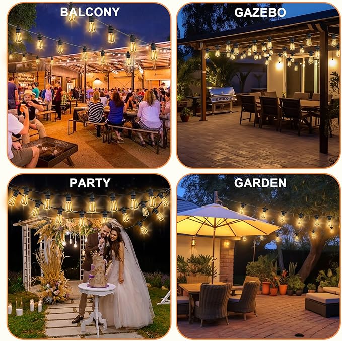 Garden String Festoon Lights - 75FT Outdoor Lights Mains Powered Waterproof IP65, 32+5 0.6W LED Bulbs Warm White 2300k, Shatterproof & Connectable for Pergola Balcony Backyard Patio Party

