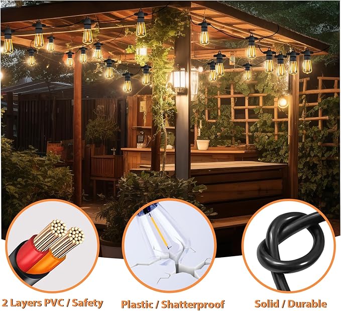 Garden String Festoon Lights - 75FT Outdoor Lights Mains Powered Waterproof IP65, 32+5 0.6W LED Bulbs Warm White 2300k, Shatterproof & Connectable for Pergola Balcony Backyard Patio Party
