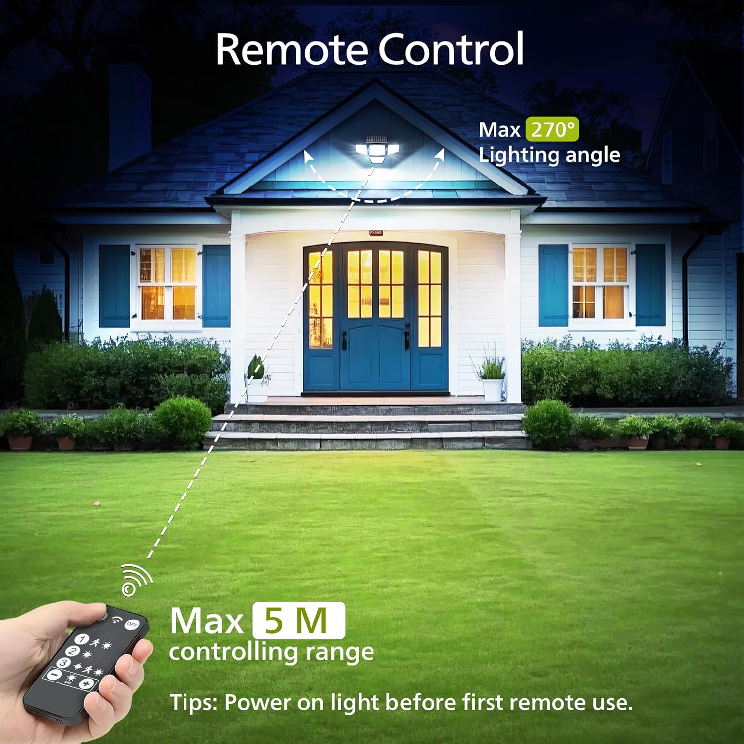 Garden light with remote control feature displayed in front of a house.