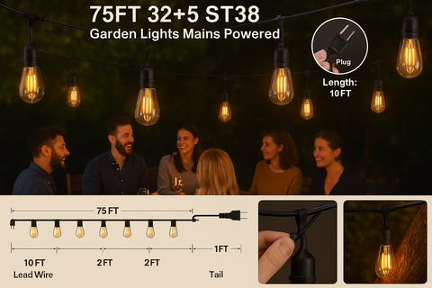 Garden lights with people sitting around, showing details of the light string and plug.