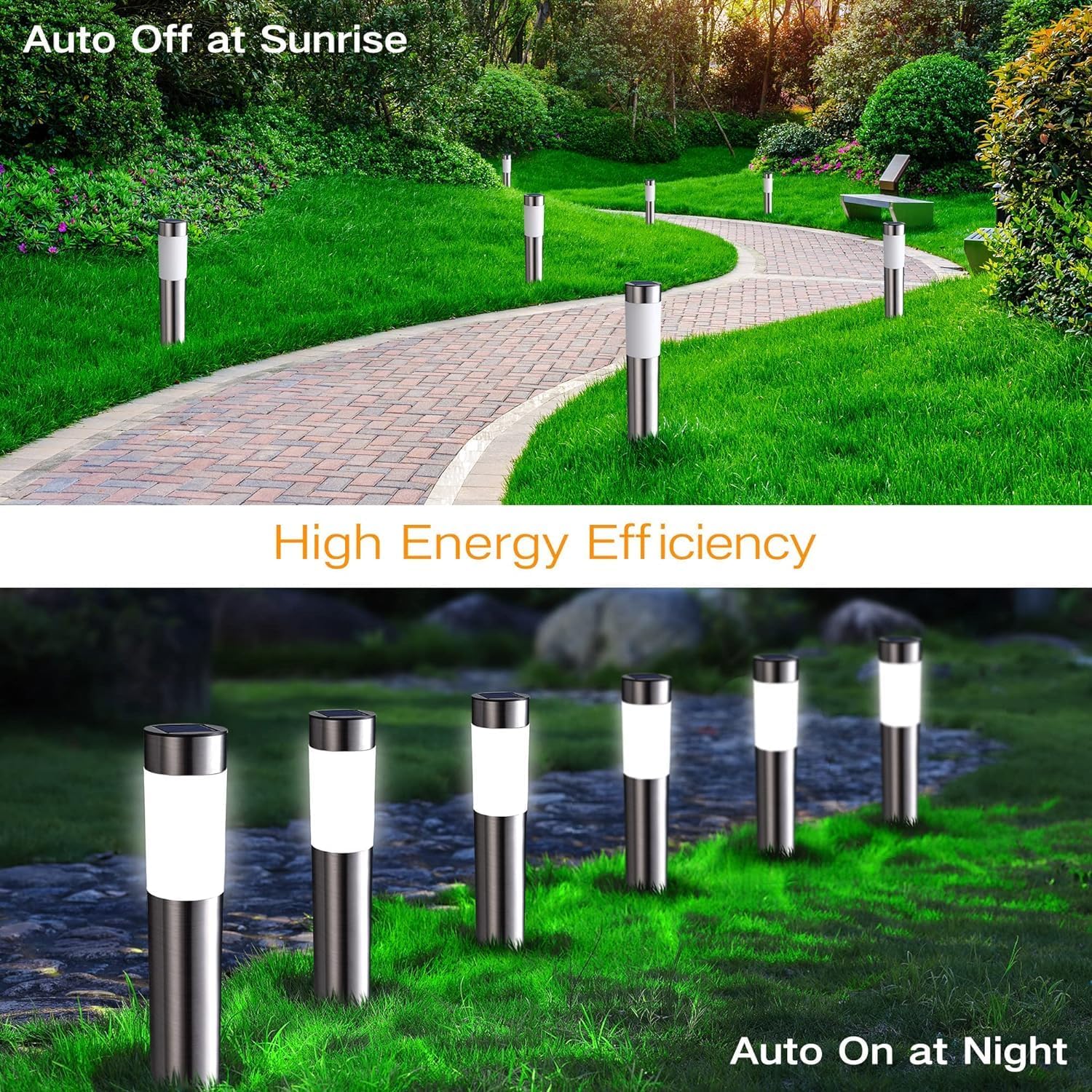 Garden pathway with solar lights auto turning on at night and off at sunrise, emphasizing high energy efficiency.