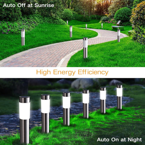 Garden pathway with solar lights auto turning on at night and off at sunrise, emphasizing high energy efficiency.
