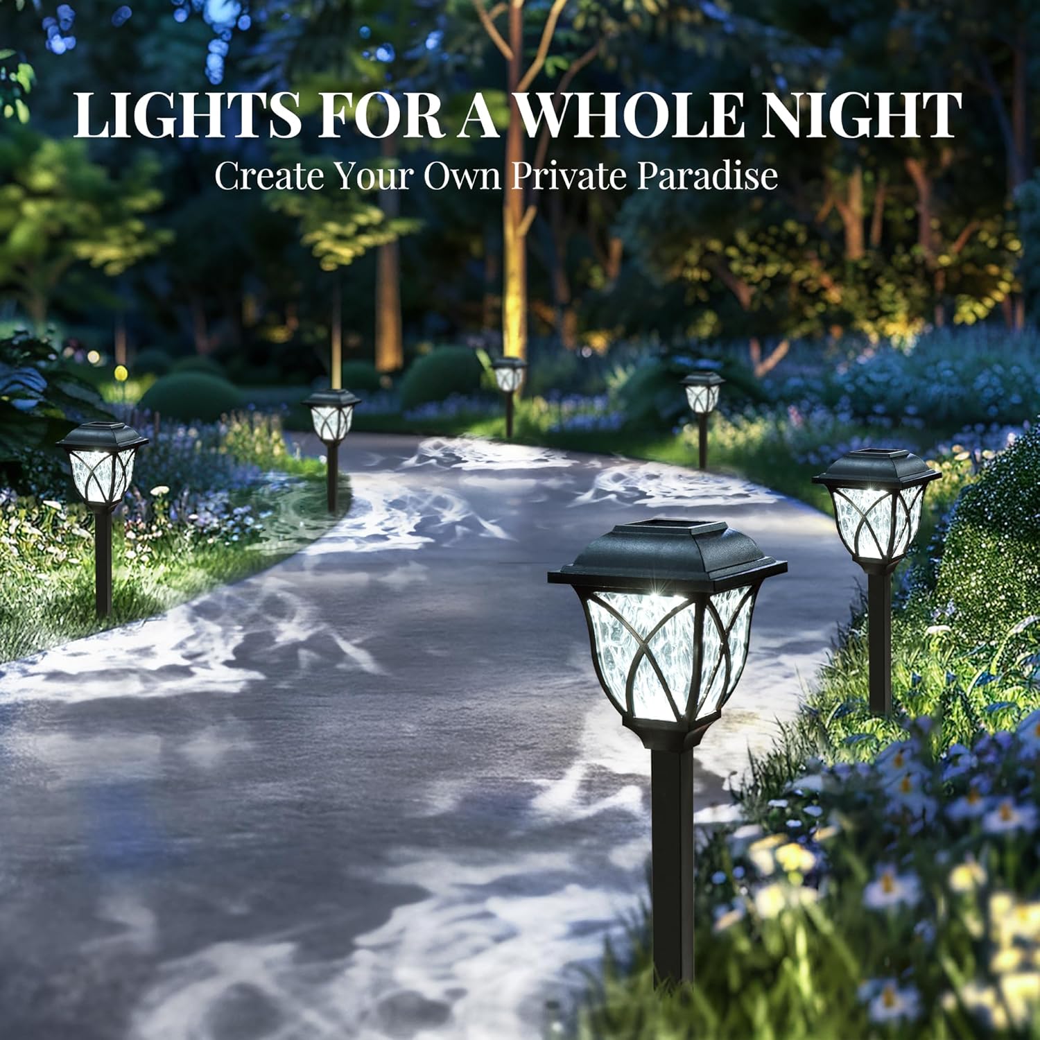 Garden pathway with solar lights creating a private paradise