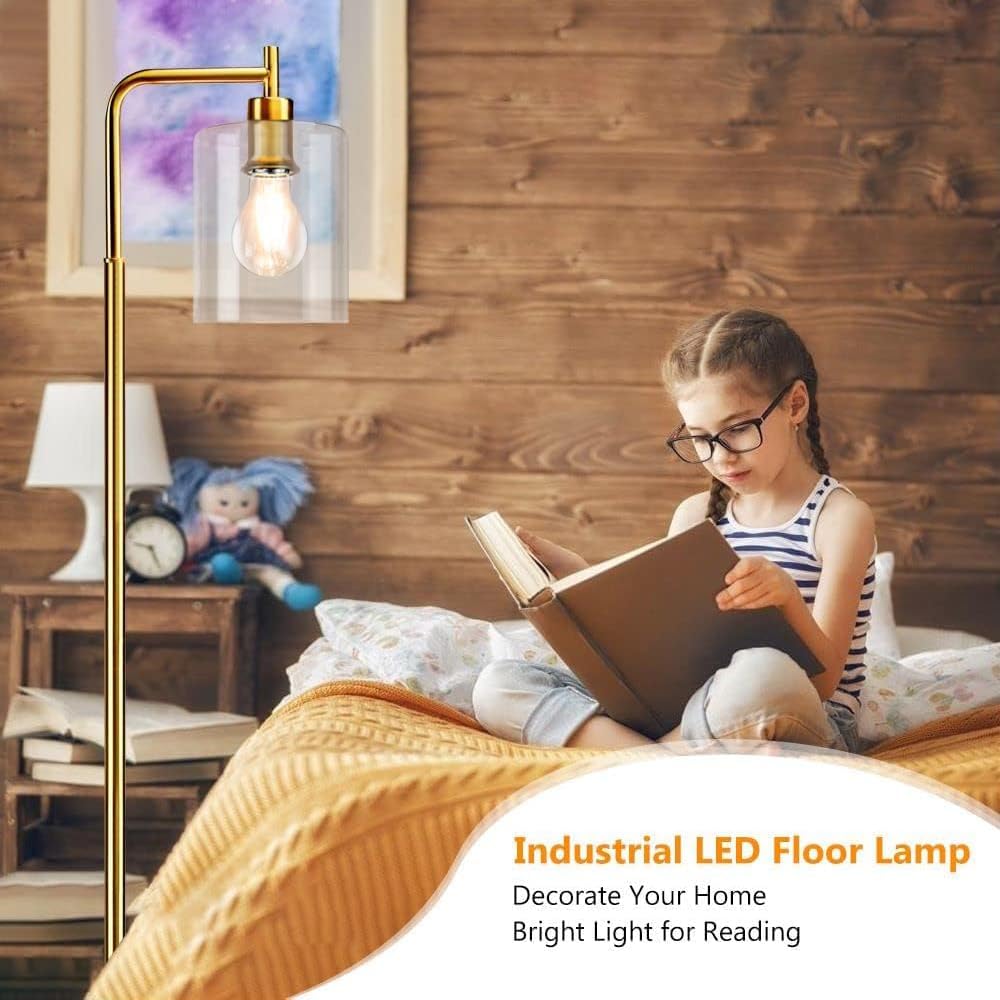 Girl reading a book in a cozy bedroom with an industrial LED floor lamp.