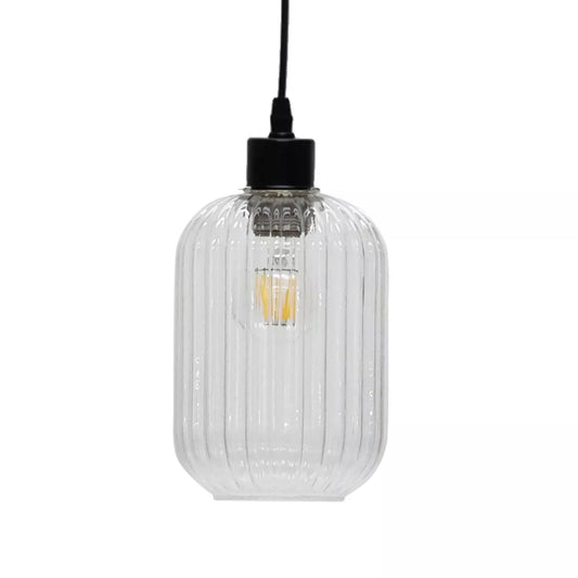 Clear ribbed glass ceiling light shade in modern kitchen

