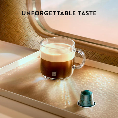 Glass of coffee on a tray with a window in the background, featuring the text 'UNFORGETTABLE TASTE'.