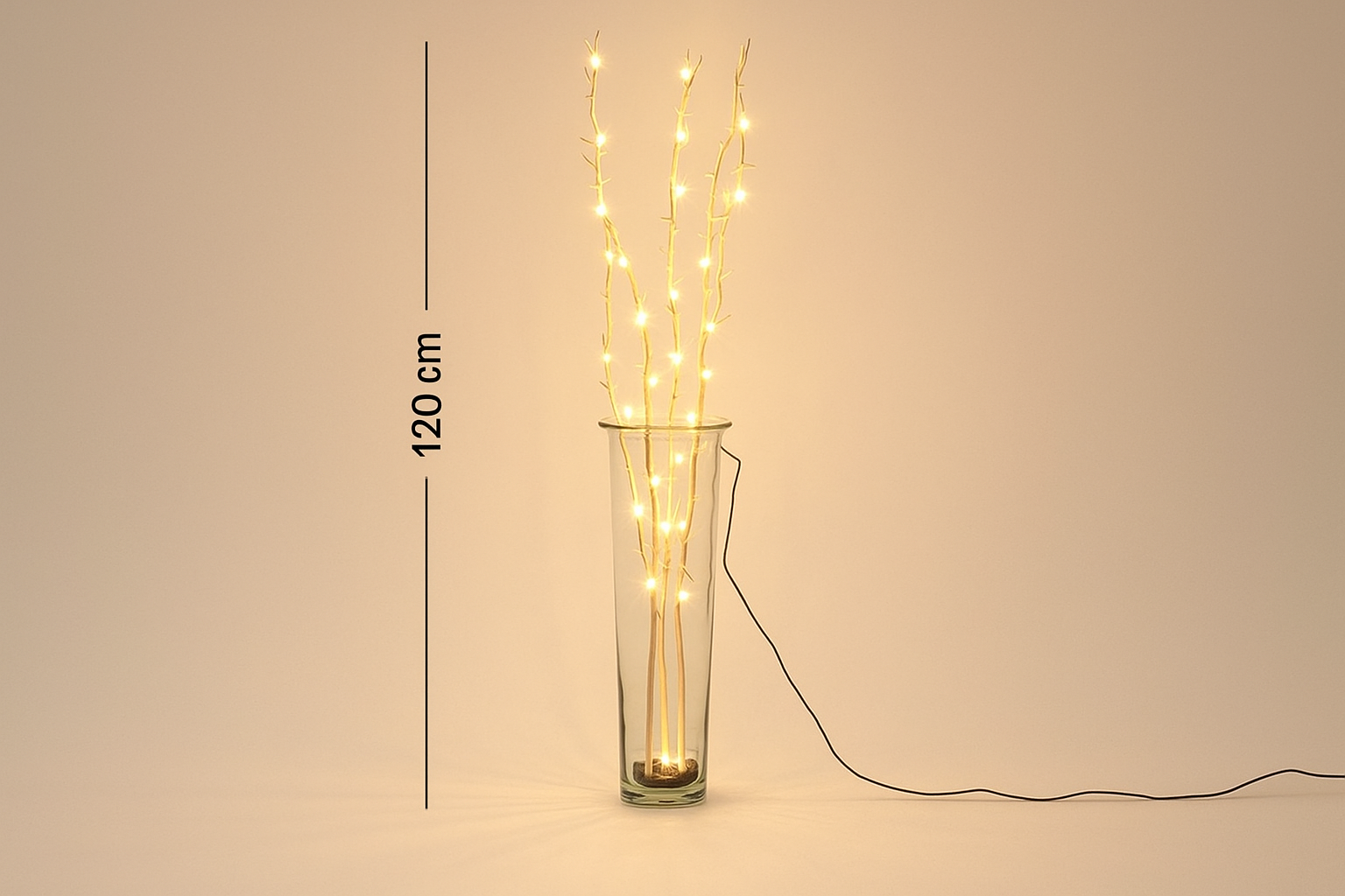 Glass vase with LED lights on a plain background