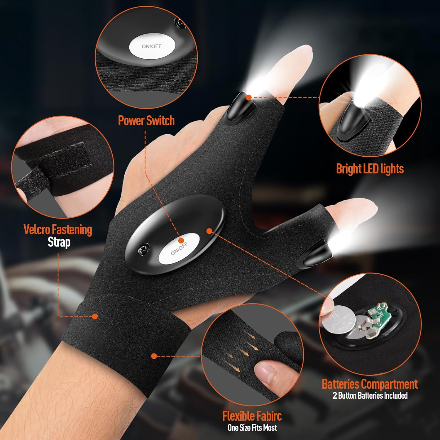 Glove with LED lights and various features highlighted, including power switch, bright LED lights, velcro fastening strap, batteries compartment, and flexible fabric.