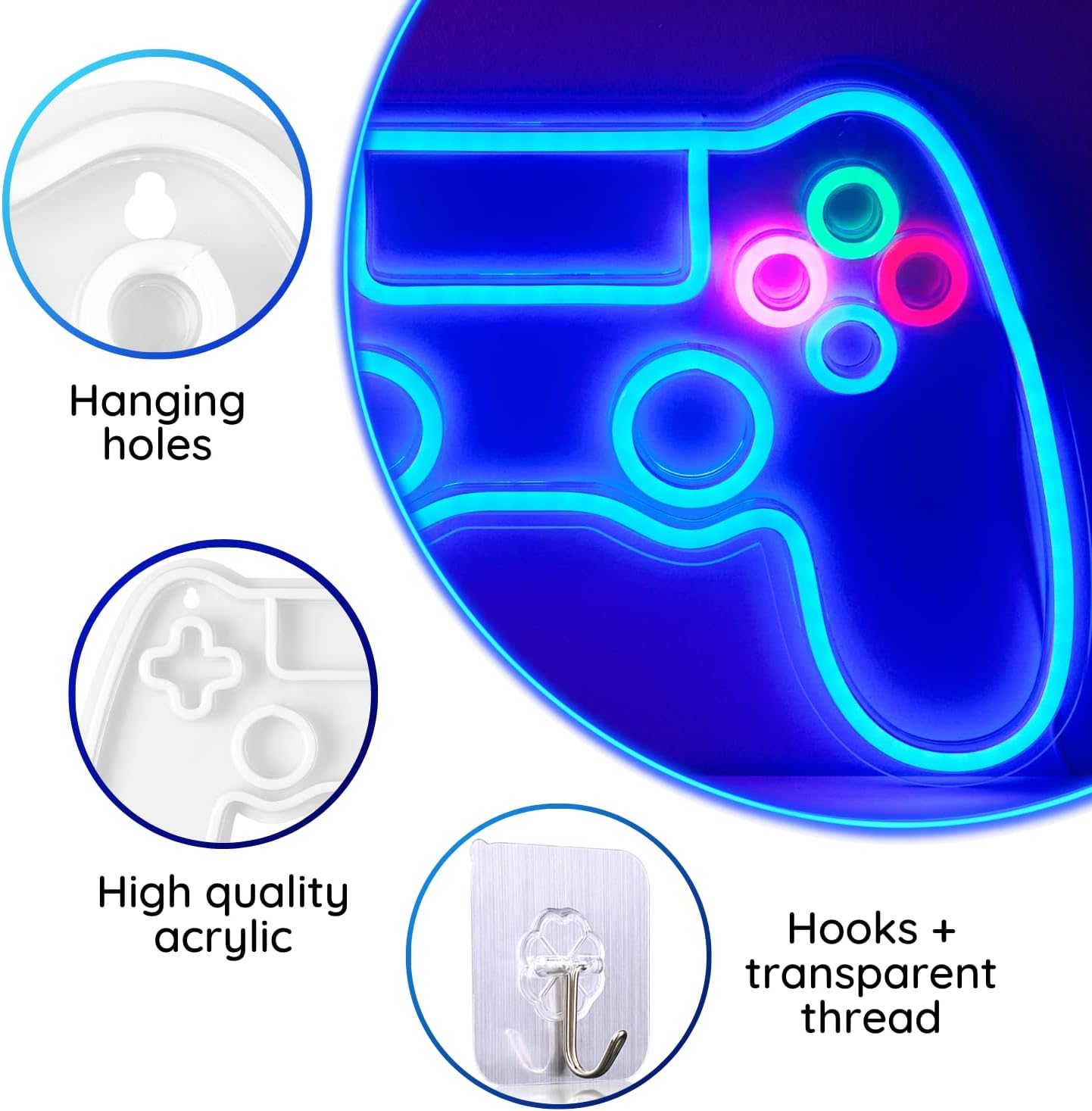 Glowing blue neon sign shaped like a game controller with hanging holes, high-quality acrylic, and hooks on a white background.