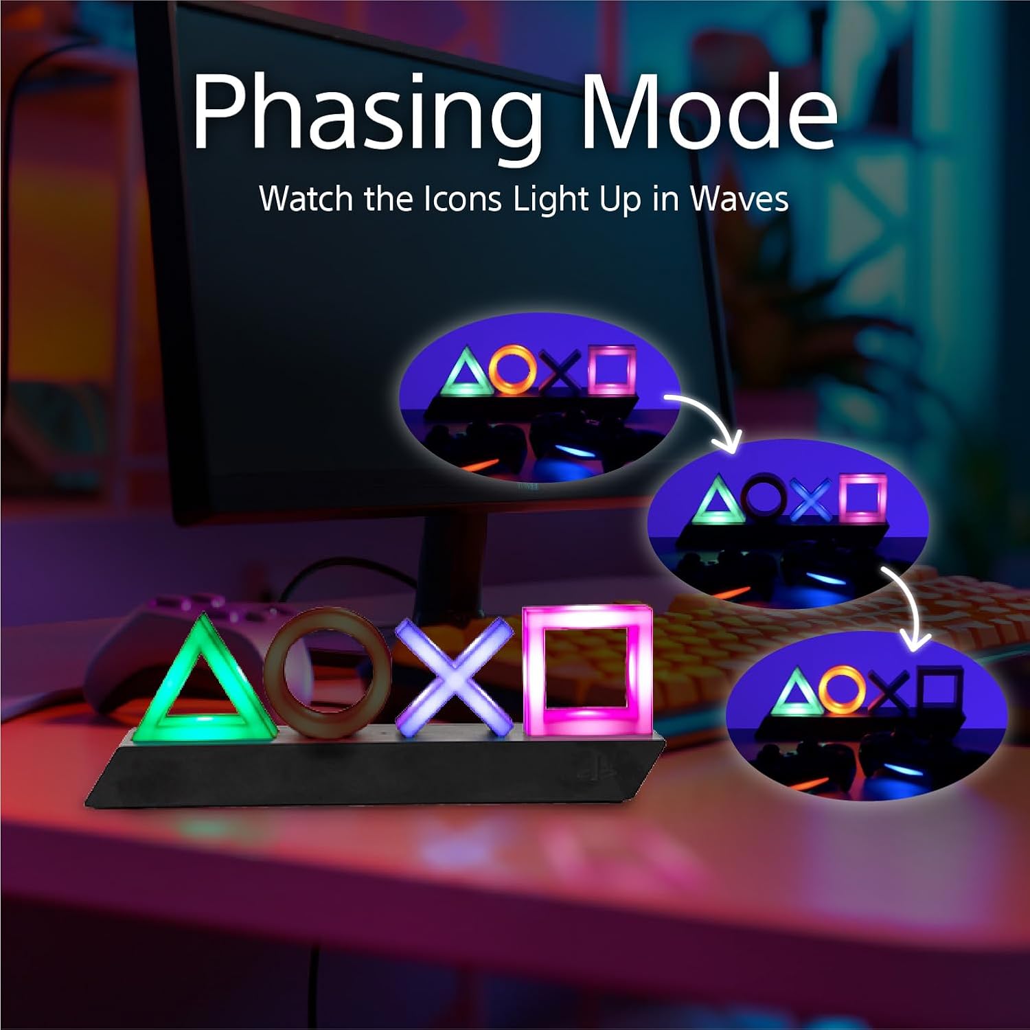 Glowing icons with 'Phasing Mode' text on a desk with a computer monitor in the background.