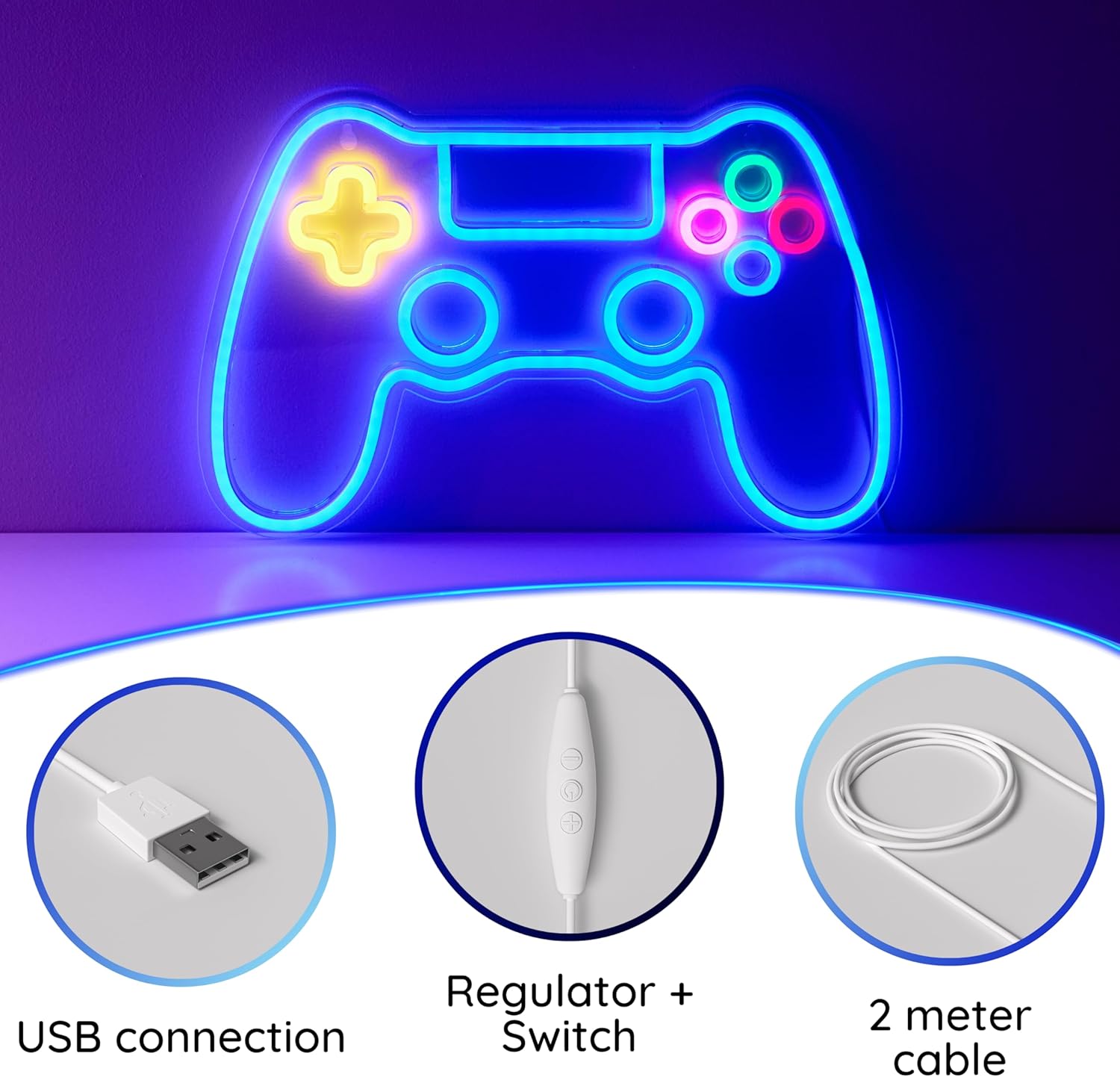 Glowing neon-style gaming controller with USB connection, regulator, and cable details.