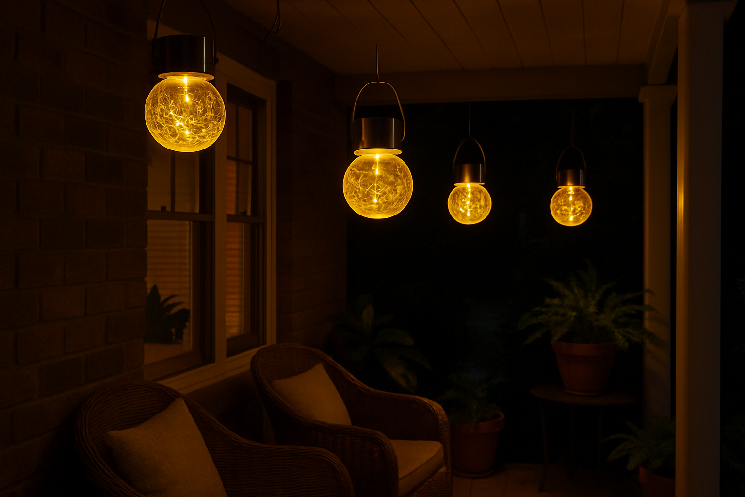 Glowing spherical outdoor lights hanging above a patio area at night.