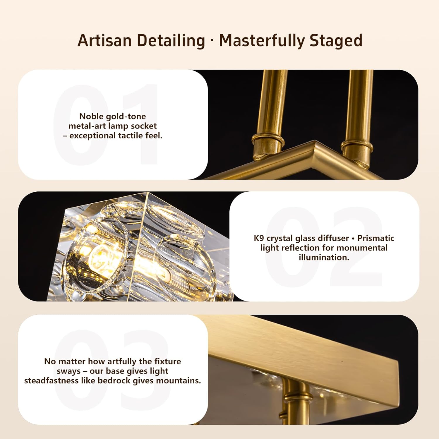 Gold-toned metal art lamp socket with K9 crystal glass diffuser on a beige background.
