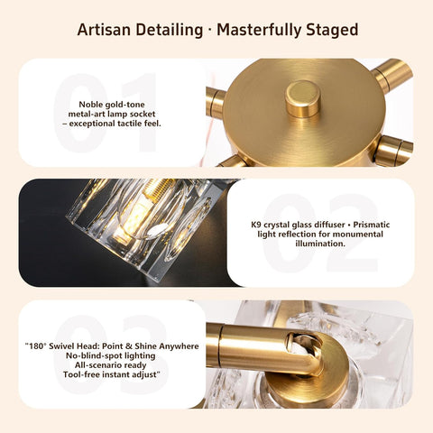Gold-toned metal art lamp socket with K9 crystal glass diffuser on a beige background
