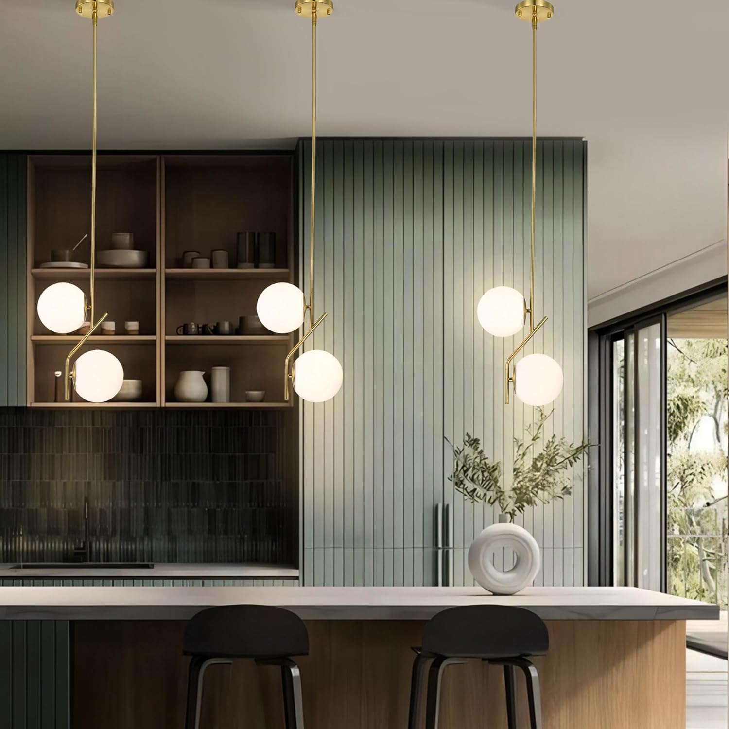 Gold Globe Pendant Light with 2 Frosted Glass Shades | Mid-Century Modern Pendant Lighting for Kitchen, Dining, Bedroom & Hallway