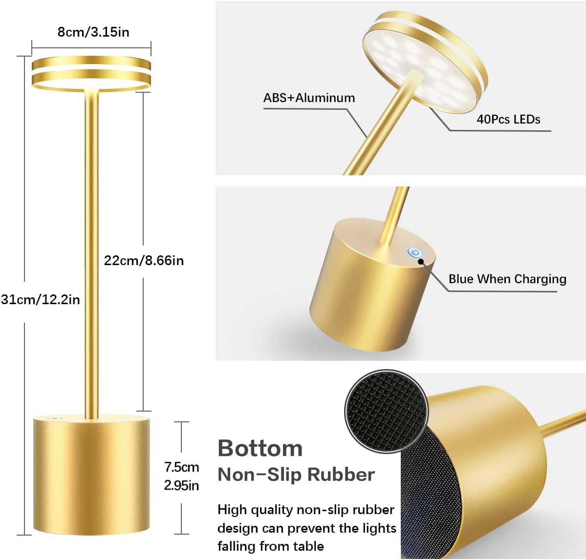 Gold LED lamp with dimensions and features labeled on a white background