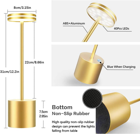 Gold LED lamp with dimensions and features labeled on a white background