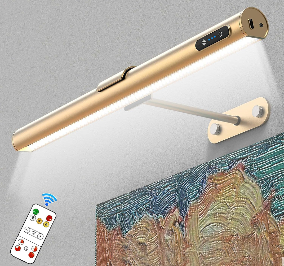 Gold LED lamp with remote control illuminating a painting on a gray background