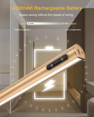 Gold LED strip light with rechargeable battery feature in a modern interior setting.