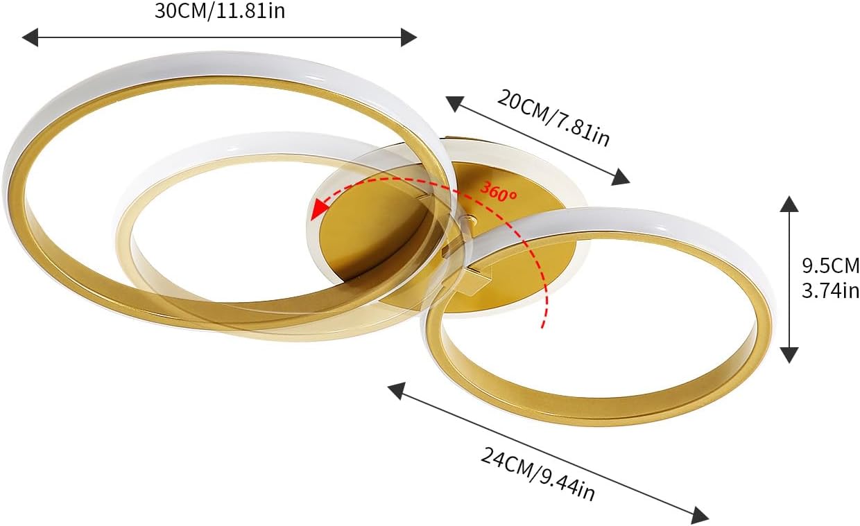 Gold and silver circular rings with measurements on a white background