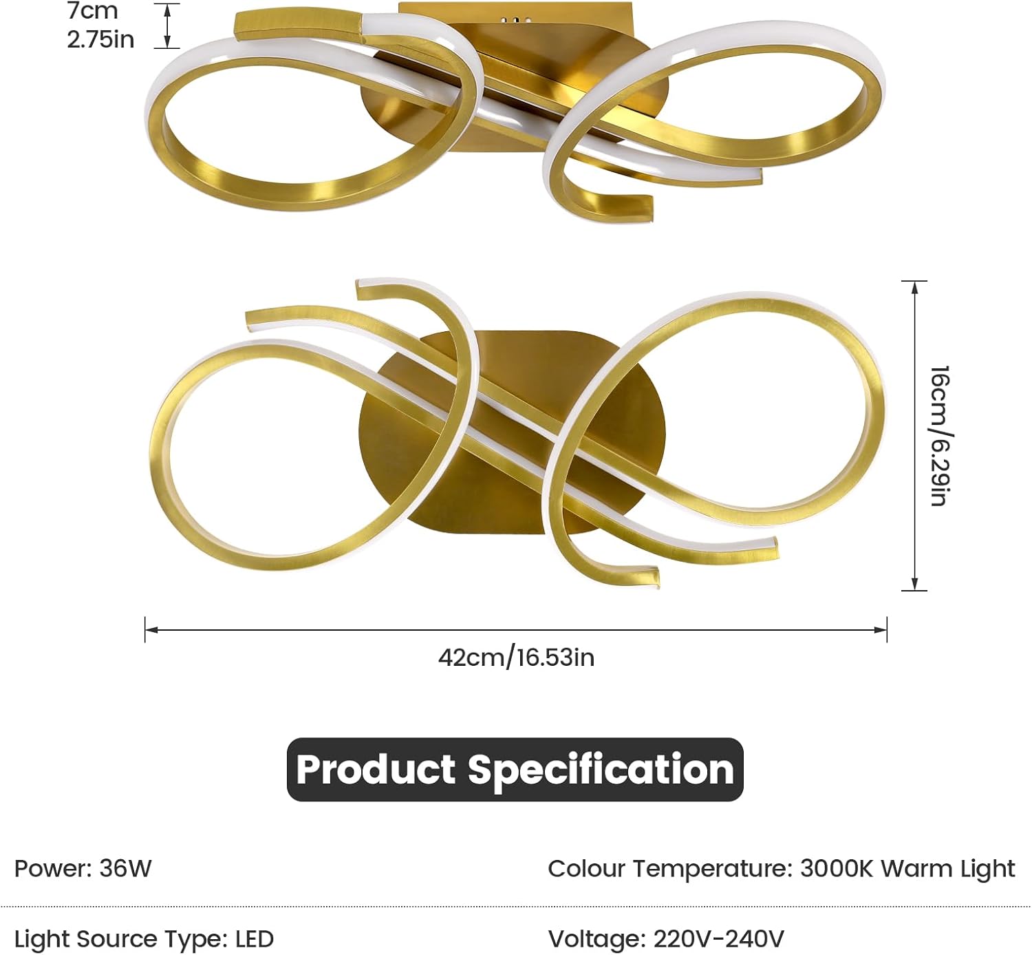 Gold and white ceiling light fixture with dimensions and specifications on a white background