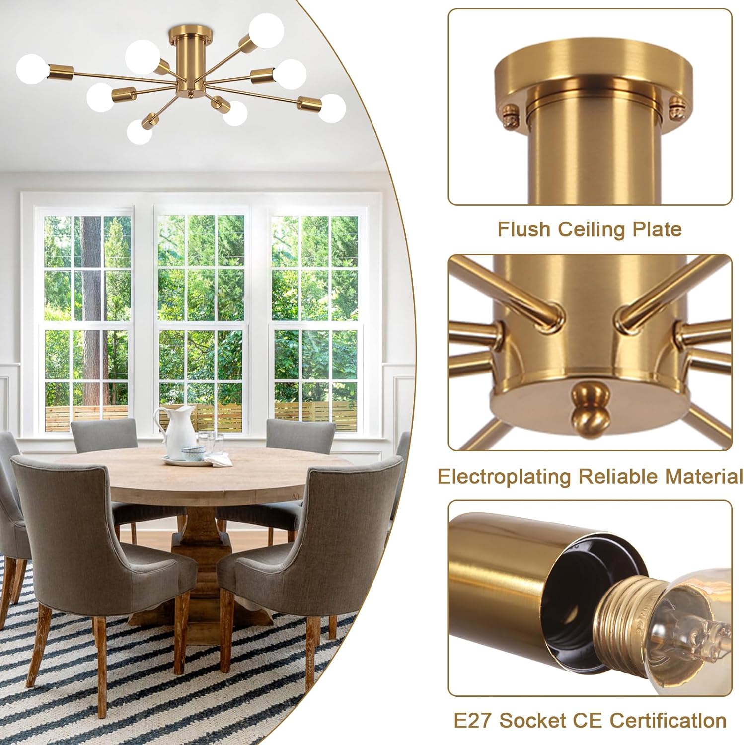 Gold ceiling light fixture in a dining room setting with close-up details.