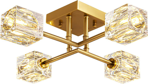 Gold ceiling light fixture with clear crystal shades on a white background