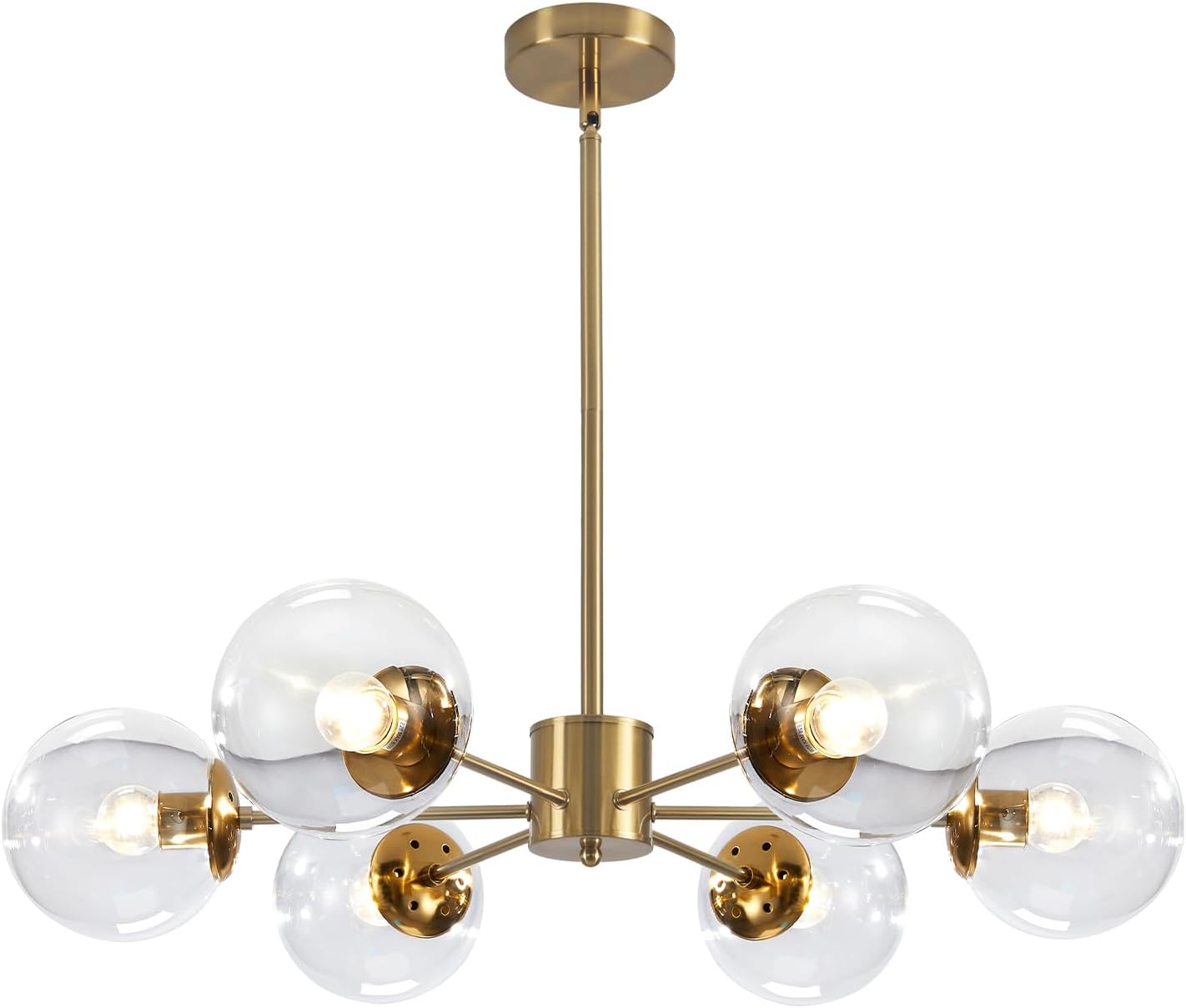 Gold chandelier with clear glass bulbs on a white background