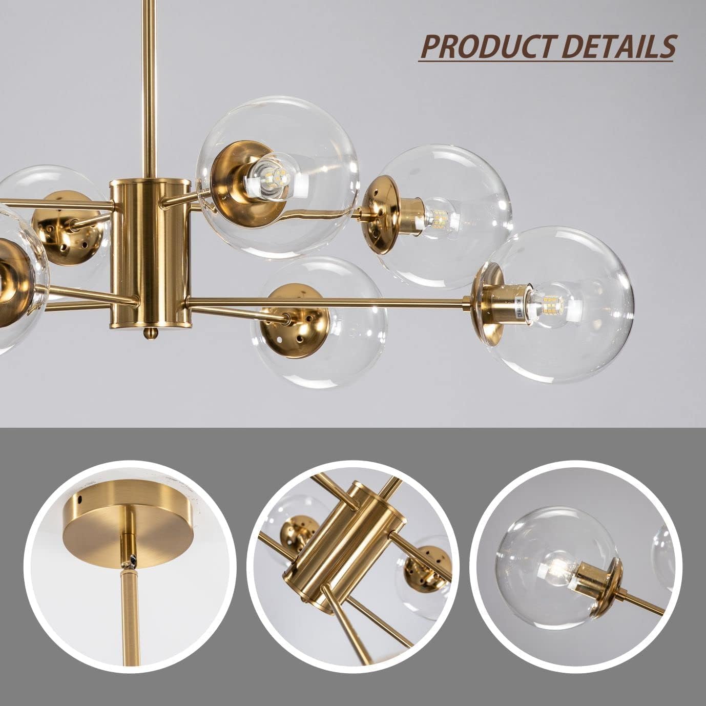 Gold chandelier with clear glass shades on a gray background